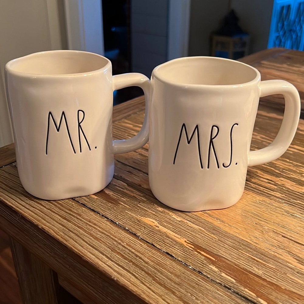 Rae Dunn “Mr. and Mrs.” Coffee mugs.